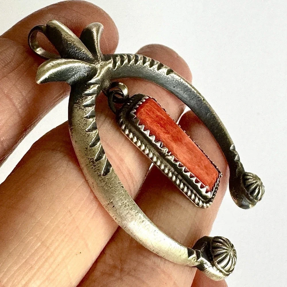 Navajo Naja Pendant Orange Spiny Oyster Signed MC 2in Sterling Squash Blossom